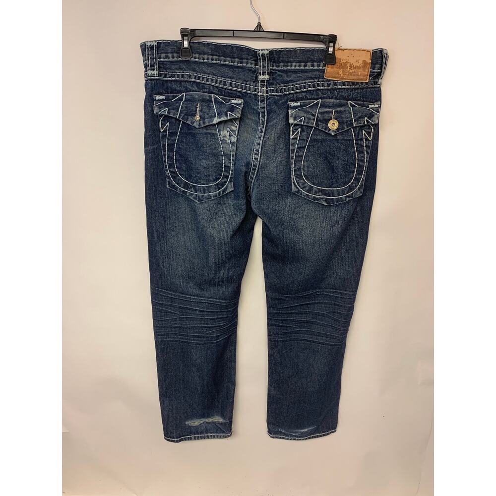 True Religion Jeans Dark Blue Wash Straight Leg Distressed Whiskering Mens SZ 42 - Picture 2 of 12